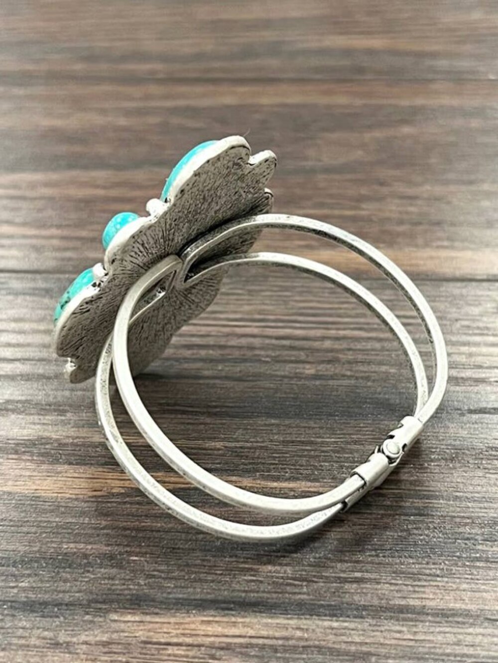 Turquoise Flower Cluster Cuff Bracelet Western Boho Silver Tone Statement - Picture 2 of 3